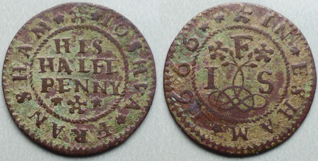 Evesham, Joshua Fransham 1666 halfpenny Evesham, Joshua Fransham 1666 halfpenny